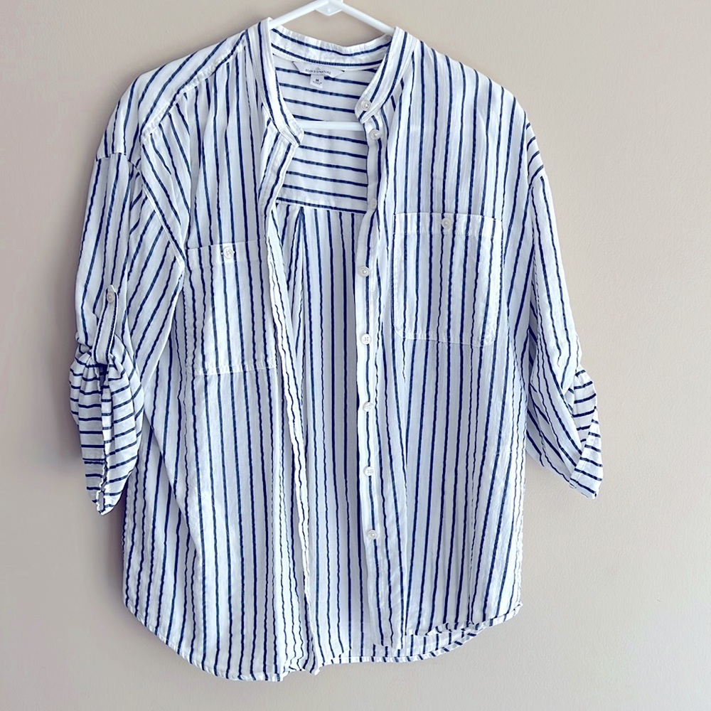 L.L. Bean White and Navy Vertical-Stripe Button-Up Shirt